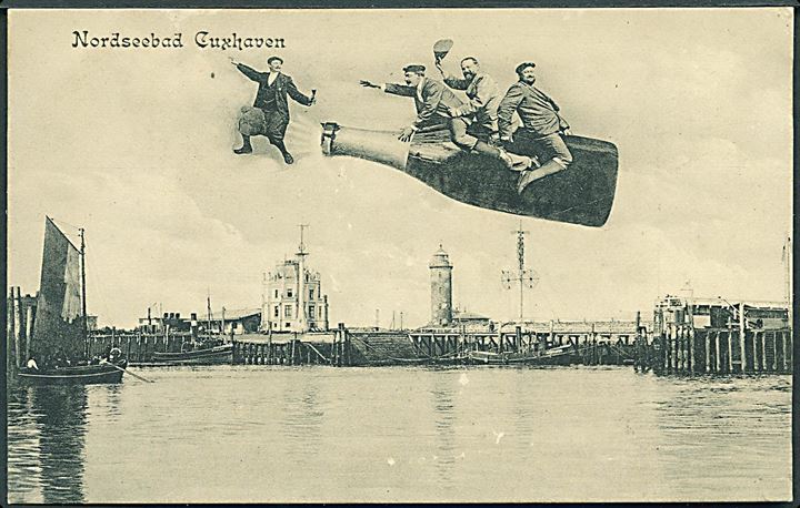 Nordseebad Cuxhaven med Fyrtårn. Mænd sidder på champagneflaske. M. Glückstadt & Münden no. 26690. 