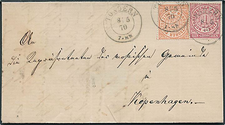 ½ gr. og 1 gr. Norddeutscher Postbezirk på 1½ gr. brev fra Tondern d. 8.5.1870 til København. Særtakst.