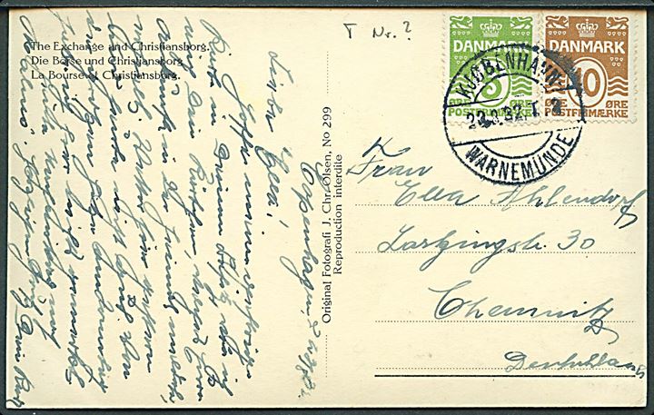 5 øre og 10 øre Bølgelinie på brevkort fra København annulleret med bureaustempel Kjøbenhavn - Warnemünde T.2 d. 23.8.1932 til Chemnitz, Tyskland.