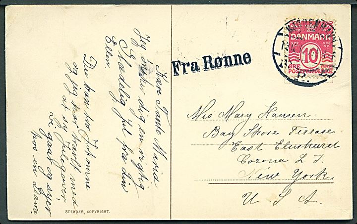 10 øre Bølgelinie på julekort annulleret Kjøbenhavn d. 13.12.1913 og sidestemplet Fra Rønne til New York, USA.