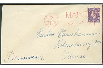 3d George VI på skibsbrev fra det danske handelsskib M/S Robert Mærsk i Liverpool annulleret med rødt skibsstempel Post Office / Maritime Mail (ca. 1945-6) til Odense, Danmark.