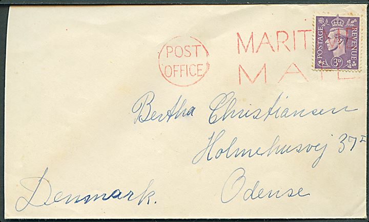 3d George VI på skibsbrev fra det danske handelsskib M/S Robert Mærsk i Liverpool annulleret med rødt skibsstempel Post Office / Maritime Mail (ca. 1945-6) til Odense, Danmark.