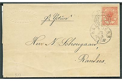4 sk. Krone/Scepter på dampskibsbrev fra Kjøbenhavn påskrevet pr. Ydun og annulleret med kombineret nr.stempel 53/Randers d. 8.5.1868 til Randers.