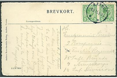 5 øre Chr. X i parstykke på brevkort fra Aarhus d. 8.9.1915 til sønderjysk soldat i 86 Fusilier Regiment. 35. Infanteri Brigade, 9. Armeekorps, 18. Inf. Division.
