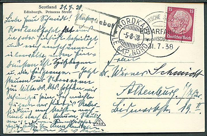 15 pfg. Hindenburg på brevkort (Edinburg, Scotland) annulleret med skibsstempel Deutsche Seepost Polarfahrt (Norddeusche Lloyd) d. 31.8.1938 og sidestemplet med tosproget Nordkapp * Le Cap Nord * d. 5.8.1938 og Paquebot til Altenburg, Tyskland.