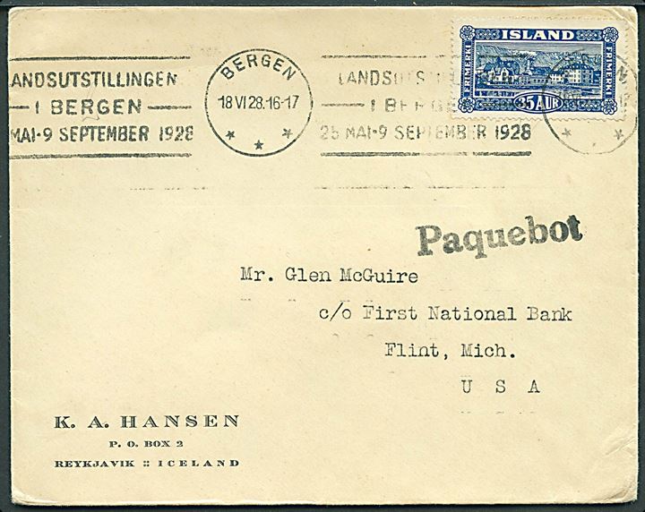 35 aur Landskab på brev fra Reykjavik annulleret med norsk TMS i Bergen d. 18.6.1938 og sidestemplet Paquebot til Flint, USA.