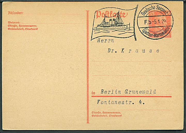 15 pfg. Kant helsagsbrevkort annulleret med skibsstempel Deutsche Seepost Gjedser-Warnemünde F.5 d. 5.1.1929 til Berlin, Tyskland. Uden meddelelse.