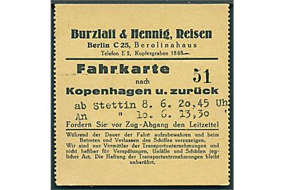 Passagerbillet Kopenhagen-Stettin og retur til dampskibet Rugard. Ca. 1930'erne.