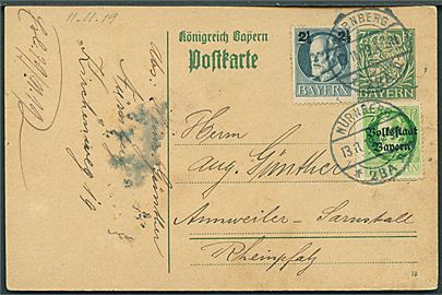 7½ pfg. helsagsbrevkort opfrankeret med 2½/2 pfg. Provisorium og 5 pfg. Volksstadt Bayern fra Nürnberg d. 13.11.1919 til Annweiler.