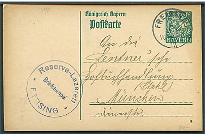 7½ pfg. helsagsbrevkort fra Freising d. 6.8.1917 til München. Blåt briefstempel fra Reserve-Lazarett * Freising *.