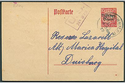 10 pfg. Volksstadt Bayern helsagsbrevkort fra Winnweiler d. 23.4.1919 til Reserve Lazarett Abt. Marien Hospital, Duisburg. Amerikansk besættelsescensur: U. S. No. 372.
