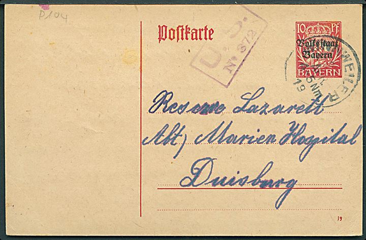 10 pfg. Volksstadt Bayern helsagsbrevkort fra Winnweiler d. 23.4.1919 til Reserve Lazarett Abt. Marien Hospital, Duisburg. Amerikansk besættelsescensur: U. S. No. 372.