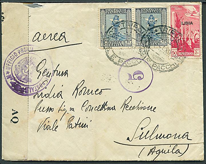 Libia. 25 c. (par) og 50 c. Provisorium på luftpostbrev fra Tripoli d. x.7.1941 til Italien. Åbnet af italiensk censur.