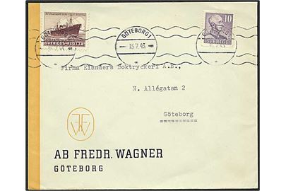10 öre Gustaf og Sveriges Flotta mærkat på lokalt brev i Göteborg d. 15.7.1943. Bagklap mgl.