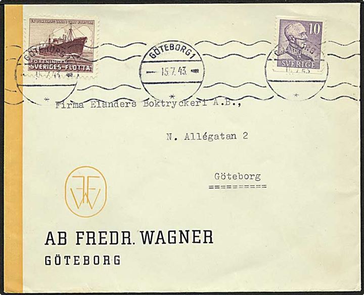 10 öre Gustaf og Sveriges Flotta mærkat på lokalt brev i Göteborg d. 15.7.1943. Bagklap mgl.