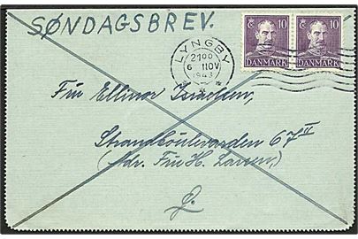 10 øre Chr. X i parstykke på privat korrespondancekort sendt som lokalt søndagsbrev i Lyngby d. 6.11.1943.