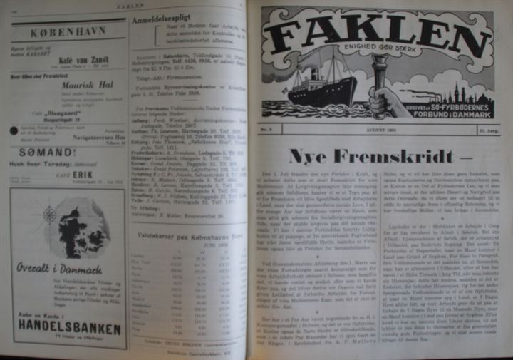 Faklen tidsskrift for Sø-Fyrbødernes Forbund i Danmark. Indbundet årgang 1938 med 12 numre. 264 sider.