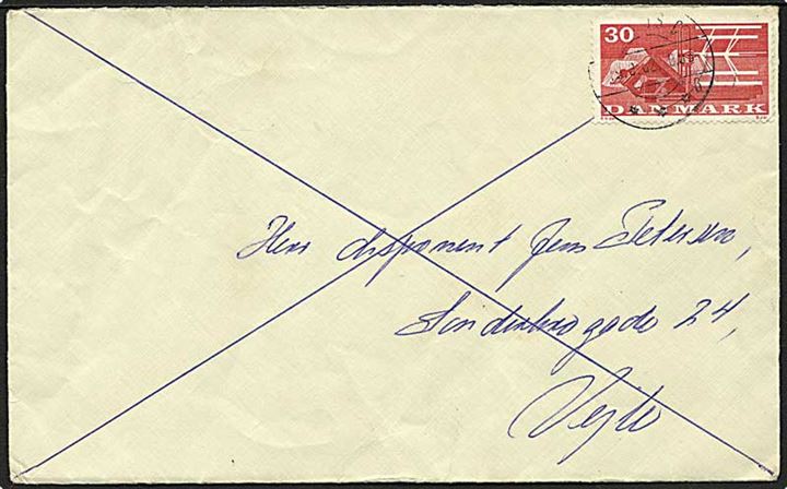 30 øre Landbrug på brev fra Århus C d. 19.8.1962 (søndag) til Vejle. Markeret som søndagsbrev, men afsendt for sent og ikke frankeret som søndagsbrev.