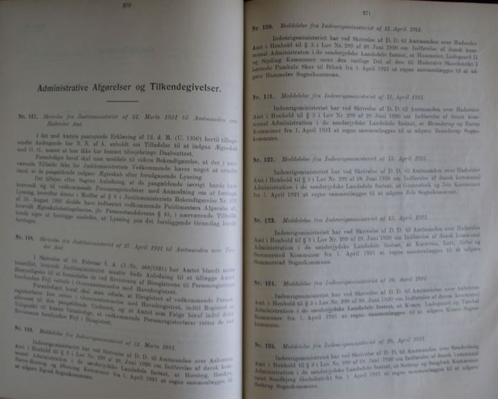 Retstidende for de sønderjydske Landsdele årgang 1921. 773 sider. Spændende indhold med mange henvisninger til administrative forandringer som følge af genforeningen i 1920.