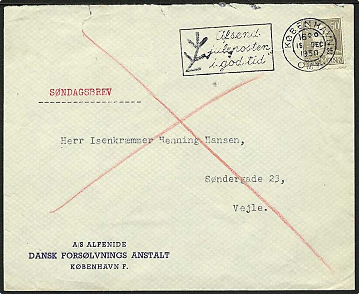 50 øre Chr. X med perfin DFA (Dansk Forsølvnings Anstalt) på søndagsbrev fra København d. 16.12.1950 til Vejle.