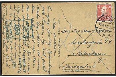 20 øre Chr. X single på underfrankeret søndagsbrevkort fra Lyngby d. 15.3.1947 til København. Udtakseret i 20 øre porto med grønt portomaskinstempel.