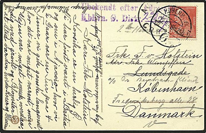 90 c. på brevkort fra Ajaccio på Korsika 1930 til København, Danmark. Utilstrækkelig adresse og stempel: Ubekendt efter Adresse Kbhvn. Ø..