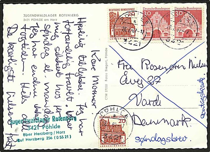 Tysk 1 mk. frankeret brevkort fra Pöhlde d. 28.7.1967 til Varde, Danmark. Påskrevet: Søndagskort.