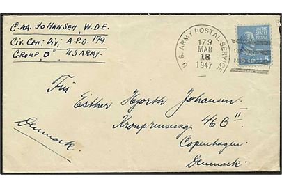 Amerikansk 5 cents frankeret feltpostbrev stemplet U.S.Army Postal Service APO 179 (= Beyreuth, Tyskland) til København, Danmark. Fra dansk postcensor ved Civil Censorship Division Group D i Tyskland.