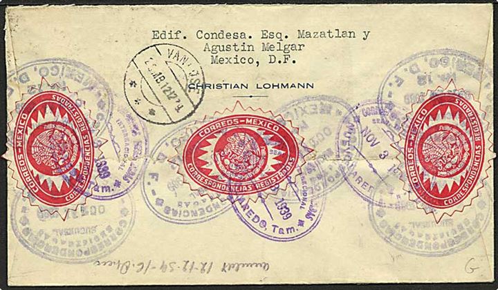 20 c. i parstykke på anbefalet brev fra Mexico d. 31.10.1939 til Vanløse, Danmark. På bagsiden røde officielle lukkemærkater til anbefalet post.