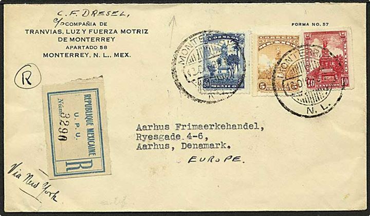 35 c. blandingsfrankeret anbefalet brev fra Monterrey d. 18.12.1933 via Laredo til Århus, Danmark. På bagsiden officiel lukkemærkat til anbefalet post.