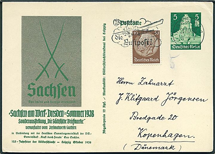 5 pfg. illustreret helsagsbrevkort Sachsen am Wert. Dresden im Sommer 1938 opfrankeret med 10 pfg. Hindenburg fra Breslau d. 21.10.1938 til København, Danmark.