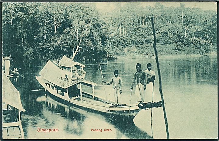 Singapore. Pahang River. Frankeret med 3 c. Edward VII stemplet Singapore d. 1.4.1908 til København, Danmark.