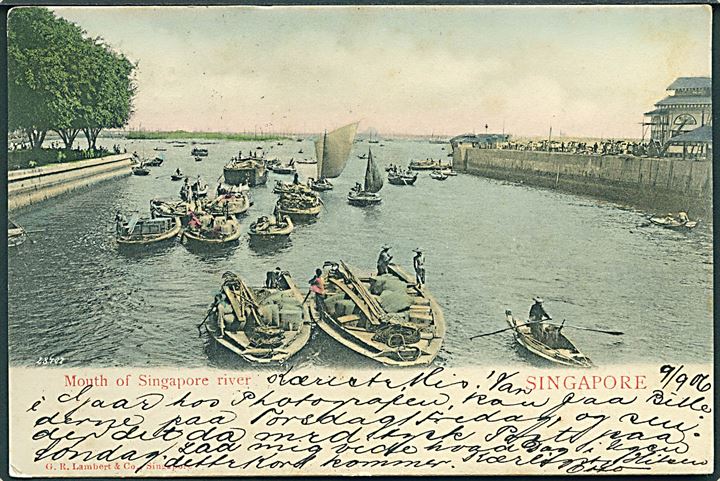 Singapore, mouth of Singapore river. Frankeret med 3 c. Edward VII stemplet Singapore d. 10.9.1906 til København, Danmark.