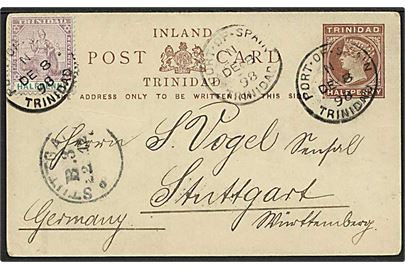 1d Victoria helsagsbrevkort opfrankeret med 1d fra Port of Spain Trinidad d. 8.12.1898 til Stuttgart, Tyskland.