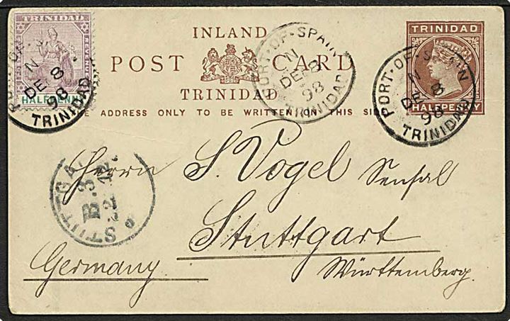 1d Victoria helsagsbrevkort opfrankeret med 1d fra Port of Spain Trinidad d. 8.12.1898 til Stuttgart, Tyskland.