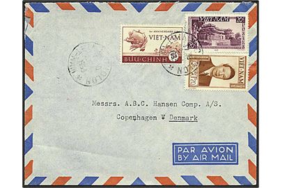 20 c. Tempel, 1,20 pia. Bao-Dai og 5 pia. UPU på luftpostbrev fra Cholon d. 20.x.1953 til København, Danmark.