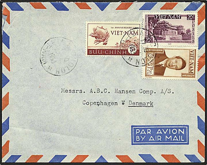 20 c. Tempel, 1,20 pia. Bao-Dai og 5 pia. UPU på luftpostbrev fra Cholon d. 20.x.1953 til København, Danmark.