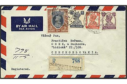 ½ a., 2 as., 8 as. og 1 R. George VI på anbefalet luftpostbrev fra Bombay d. 11.5.1946 til Osek, Tjekkoslovakiet.