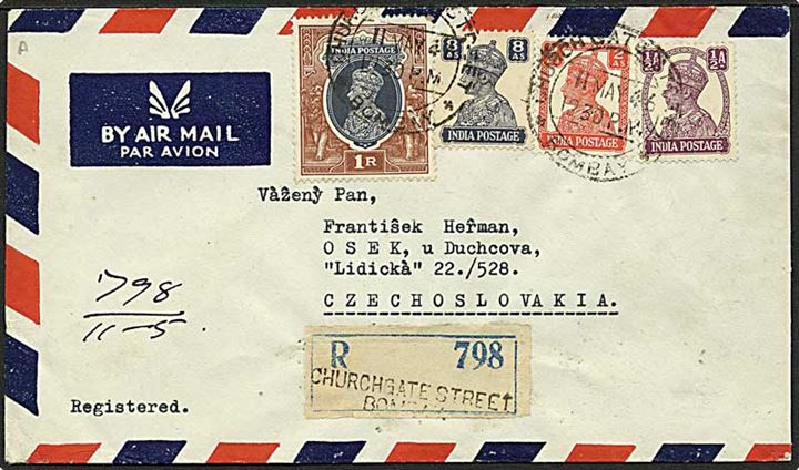 ½ a., 2 as., 8 as. og 1 R. George VI på anbefalet luftpostbrev fra Bombay d. 11.5.1946 til Osek, Tjekkoslovakiet.