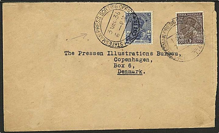 1 a. og 3½ as. George V på brev stemplet Statesman Press Sorting Office Calcutta d. 3.12.1936 til København, Danmark.