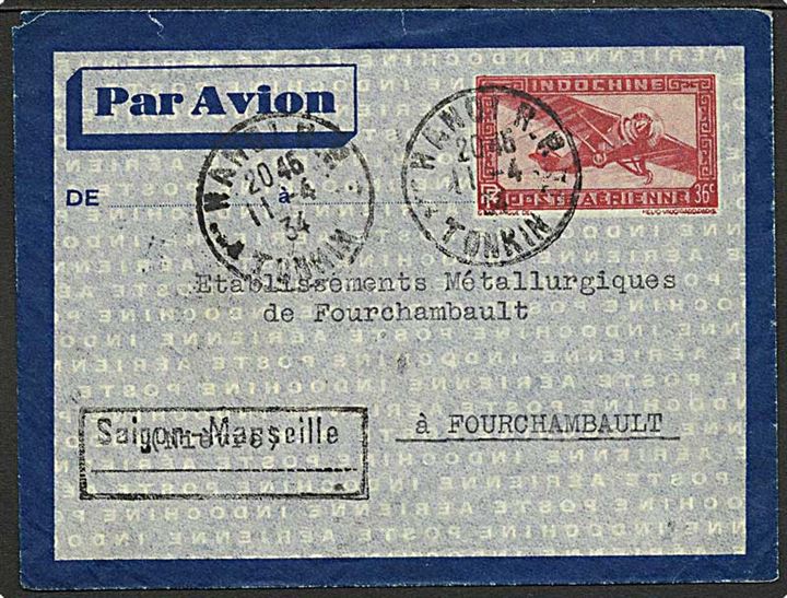 Indo-china 36 f. luftpost helsagskuvert fra Hanoi d. 11.4.1934 til Fourchambault, Frankrig. Rammestempel Saigon-Marseille.