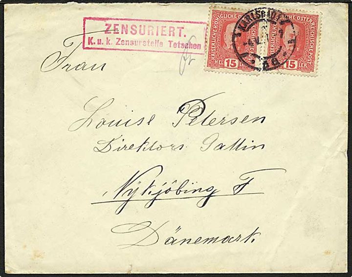 15 h. Franz Joseph (2) på brev fra Karlsbad d. 4.5.1917 til Nykøbing F., Danmark. Passér stemplet ved K.u.K. censor i Tetschen.