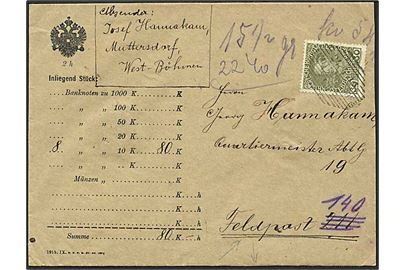 12 h. (2) og 30 h. Franz Joseph på for- og bagside af værdibrev fra Muttersdorf d. 24.4.1916 til Feltpost 211 - eftersendt til Feltpost 140. 