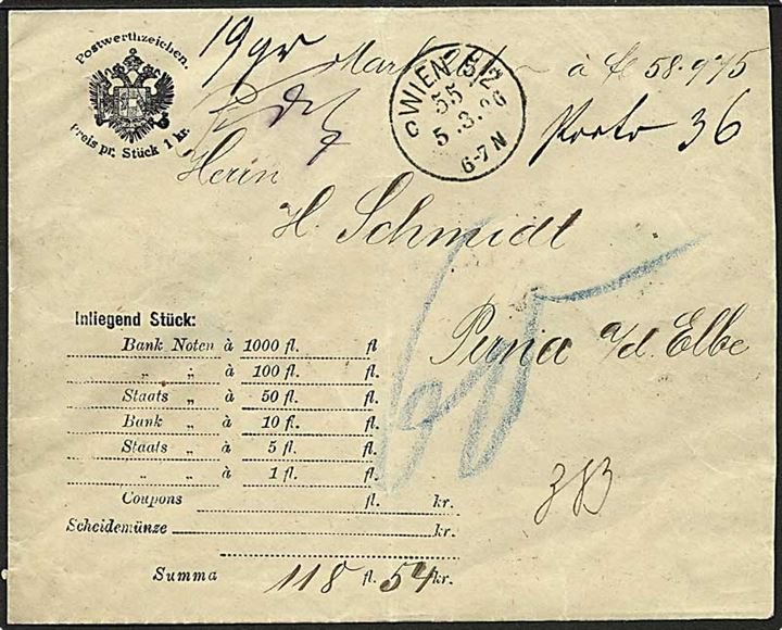 Ufrankeret værdibrev fra Wien d. 5.3.1896 til Pirna, Tyskland. Udtakseret i 60 pfg. tysk porto.