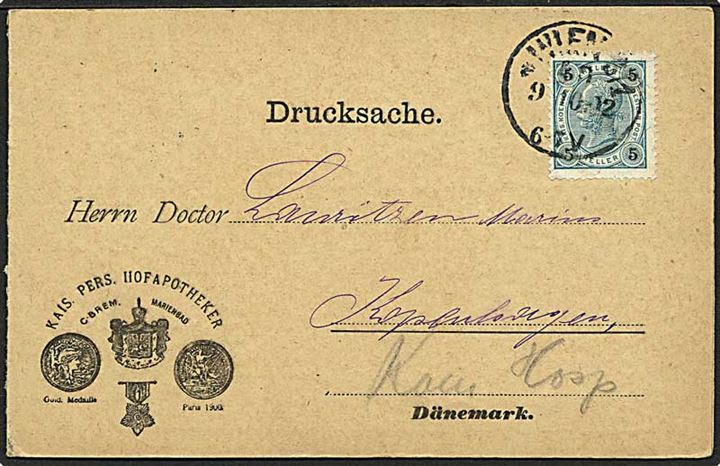 5 h. Franz Joseph på tryksags dobbeltbrevkort fra Wien d. 9.10.1902 til København, Danmark. Vedhængende ubenyttet svardel.