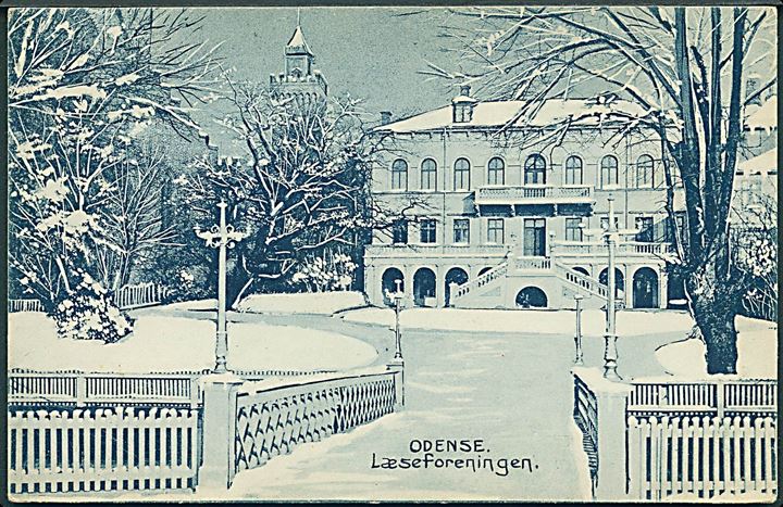 Odense, Læseforeningen med sne. Hjalmar Grupes Boghandel no. 16433. (Afrevet mærke). 