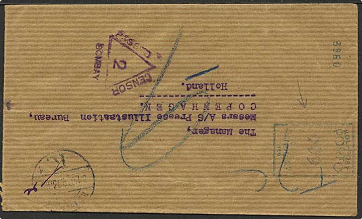 3 As. Posttransport på bagsiden af brev fra Bombay d. 11.9.1939 til København, Danmark. Underfrankeret 9 øre med grønt porto-maskinstempel fra København. Passér-stempel fra Bombay.