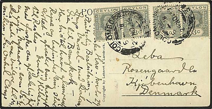 3 c. George V (4) med perfin B.A. & Co. på brevkort fra Colombo d. 29.11.1929 til København, Danmark.