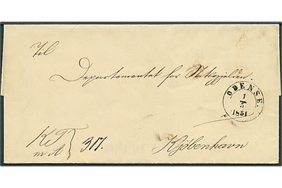 1851. Ufrankeret tjenestebrev mærket K.T.m.A. og nr. 317 med 1½-ringsstempel Odense d. 1.5.1851 til Kjøbenhavn.
