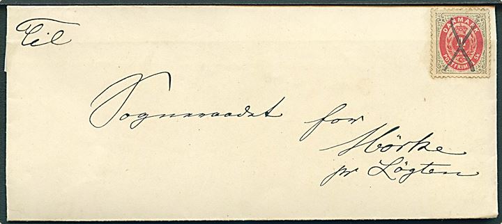 4 sk. Tofarvet på brev fra Øster Lisbjerg Herred d. 30.1.1873 annulleret med blækkryds til Sogneraadet for Mørke pr. Løgten. Brevsamlingssted i Mørke blev først oprettet pr. 1.12.1877.